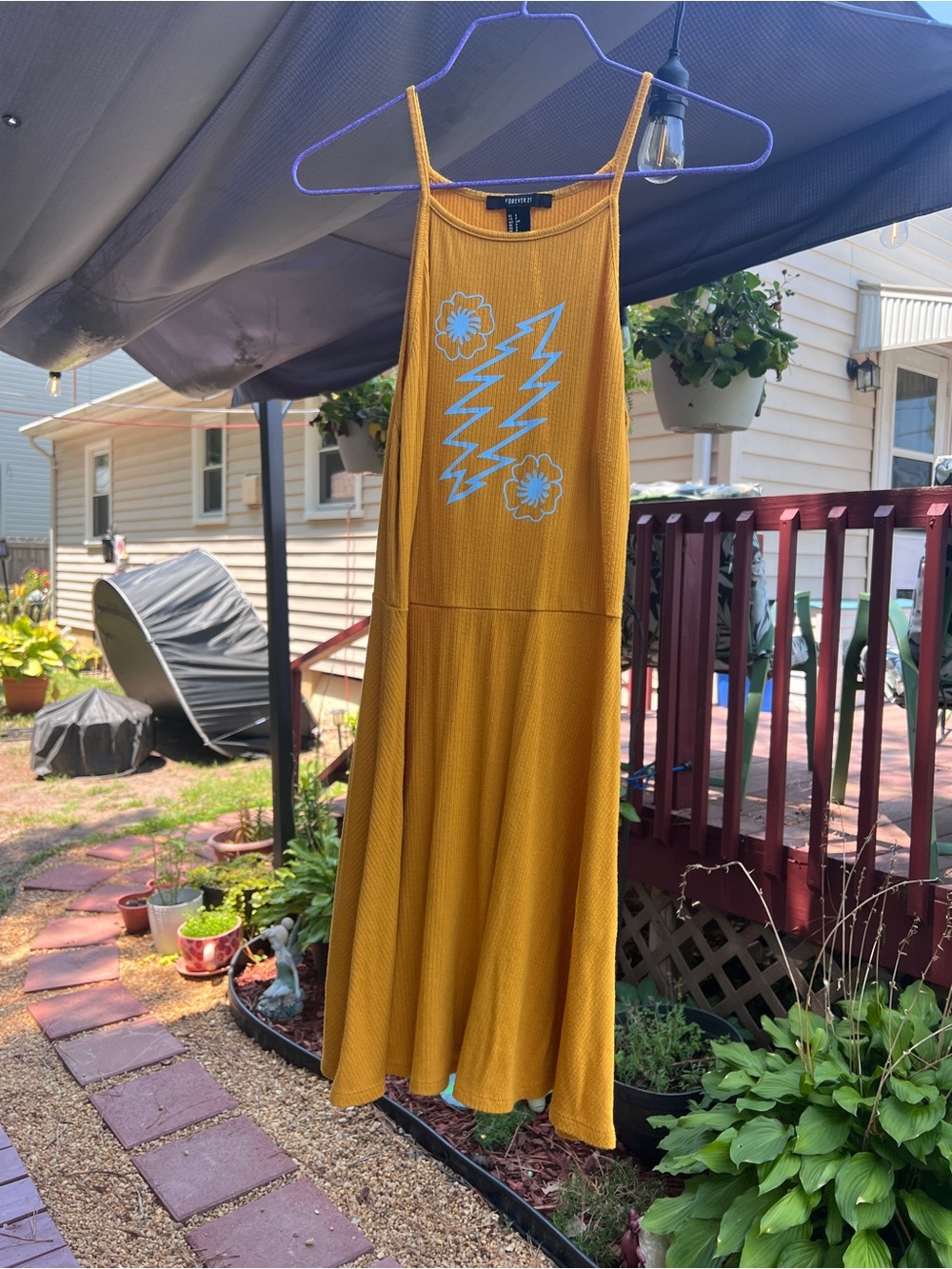 Mustard Yellow Graphic Midi Dress with Grateful Dead Lightning Bolt